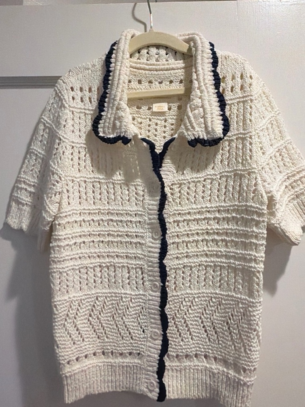 Anthropologie White Open-Knit Short Sleeve Button Cardigan with Navy Trim